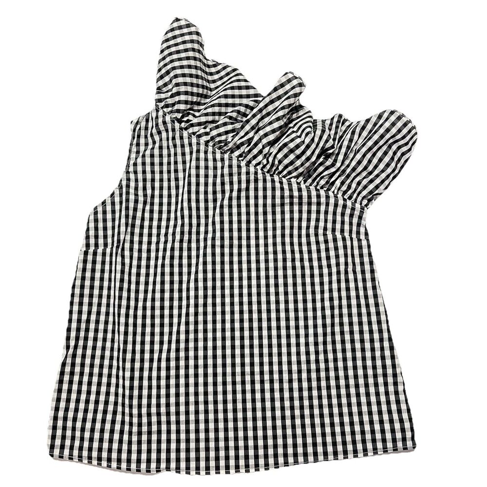 Halogen Women's One Shoulder Ruffle Accent Gingham Top Size Large Black & White - Picture 7 of 11